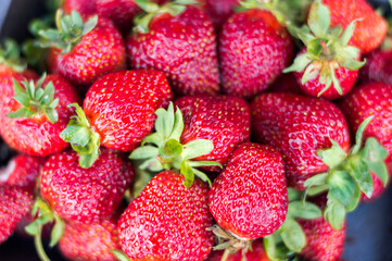background from freshly harvested ripe strawberries, close-up