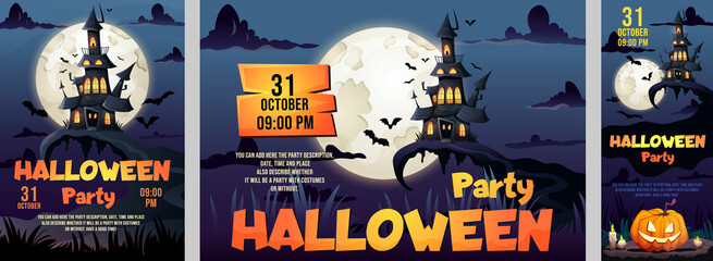 Happy Halloween Party Flyers set. Invitation Design template for club party with space for date and time. Vector cartoon illustration game style