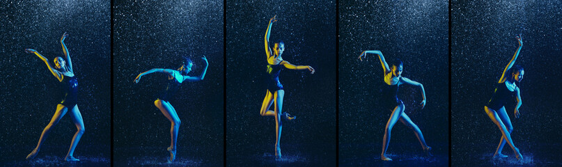 Young female ballet dancer under water drops and splashes. Caucasian ballerina dancing in neon...