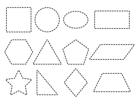 Geometric line shapes set. Educational black silhouette and linear spotted figures. Basic cutting forms. Vector isolated on white