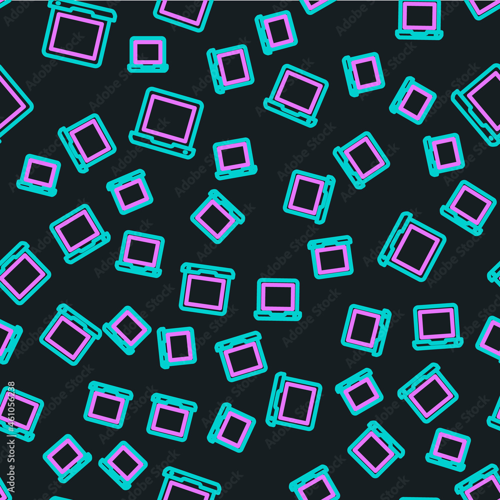 Poster line laptop icon isolated seamless pattern on black background. computer notebook with empty screen 