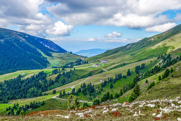 Naklejka na ściany i meble Wide panorama to Pampeago- 1760 m , Dolomiti Italy.