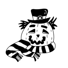 Vector hand drawn illustration of a Jack O lantern with a hat and striped scarf. Black color.  Great for Halloween design.