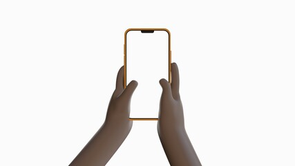 3d illustration. Device Mockup. Dark Brown cartoon hand holding a phone with white background.