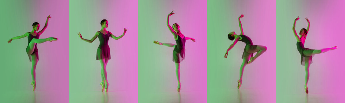 Collage. Graceful movements of one beautiful ballerina dancing isolated on gradient gree pink background in neon light.