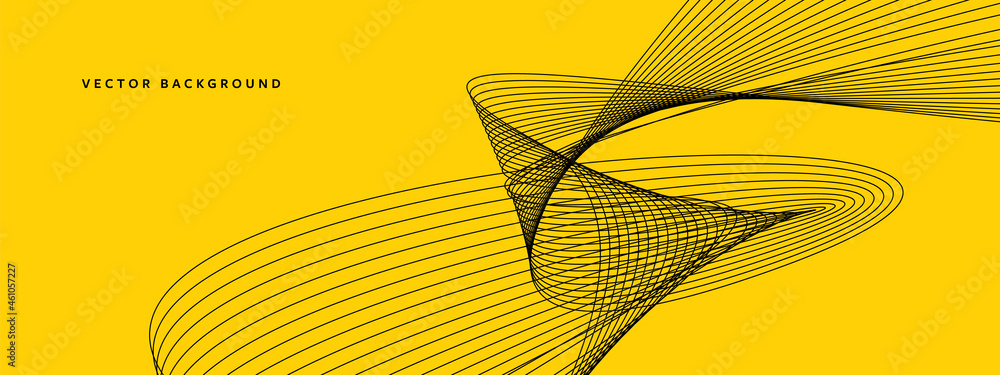 Wall mural Elegant business vector with yellow background and black twirling spiral elements, line art, abstract shape, simple banner, futuristic poster design