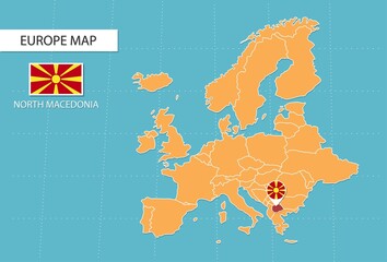 North Macedonia map in Europe, icons showing North Macedonia location and flags.