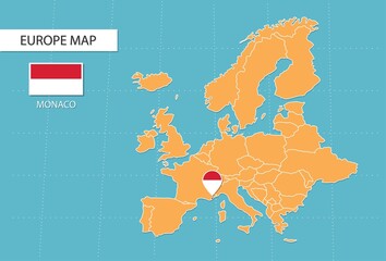 Monaco map in Europe, icons showing Monaco location and flags.