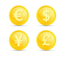 Currency symbols. Money sign. Euro, Dollar, Yen, Pound. Golden coins. Vector illustration.