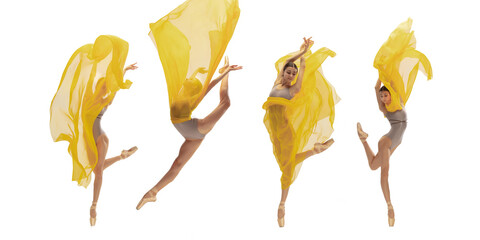 Collage of portraits of one young beautiful female ballet dancer dancing with yellow fabric...