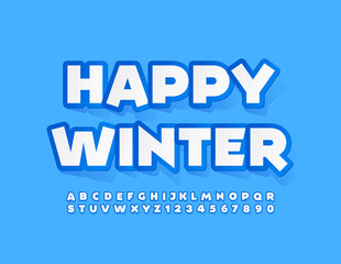 Vector blue Banner Happy Winter. Modern Kids Font. Artistic Alphabet Letters and Numbers