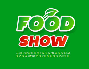 Vector Colorful Banner Food Show. Bright Green Font. Artistic Alphabet Letters and Numbers