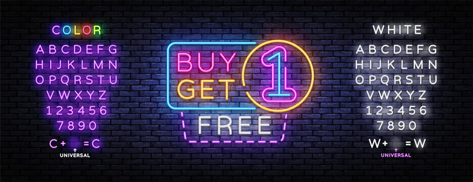 Buy Get One Free Neon Sign Vector. Sale Neon inscription, design template, modern trend design, night signboard, night bright advertising. Vector illustration. Editing text neon sign