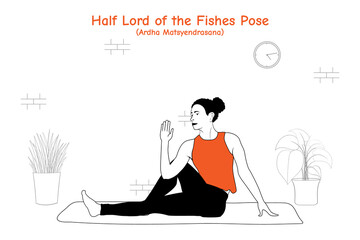 Woman doing yoga asana half lord of the fishes pose or ardha matsyendrasana