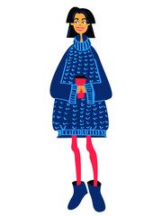 Vector graphics - a pretty smiling young woman in a big blue oversize sweater and with a disposable cup of coffee in her hands on a white background. The concept is the cold season.