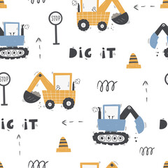 Cute children's seamless pattern with trucks and diggers in Scandinavian style on a white background. Building equipment. Funny construction transport Digital paper