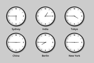 Worldwide time zone clocks illustration