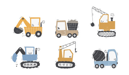 Cute children's set trucks and diggers in Scandinavian style on a white background. Building equipment. Funny construction transport - obrazy, fototapety, plakaty