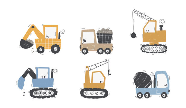 Cute children's set trucks and diggers in Scandinavian style on a white background. Building equipment. Funny construction transport
