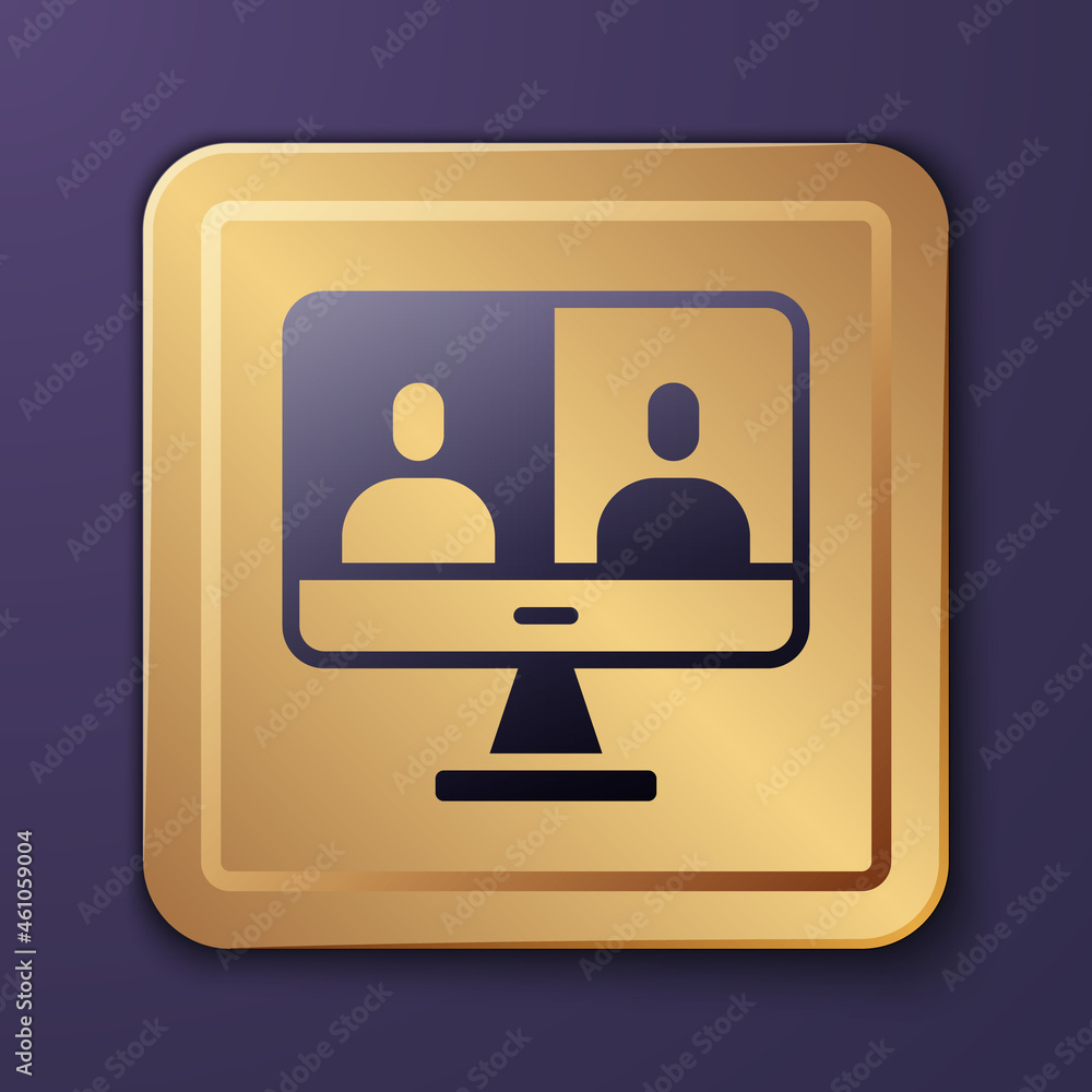 Poster purple video chat conference icon isolated on purple background. computer with video chat interface 