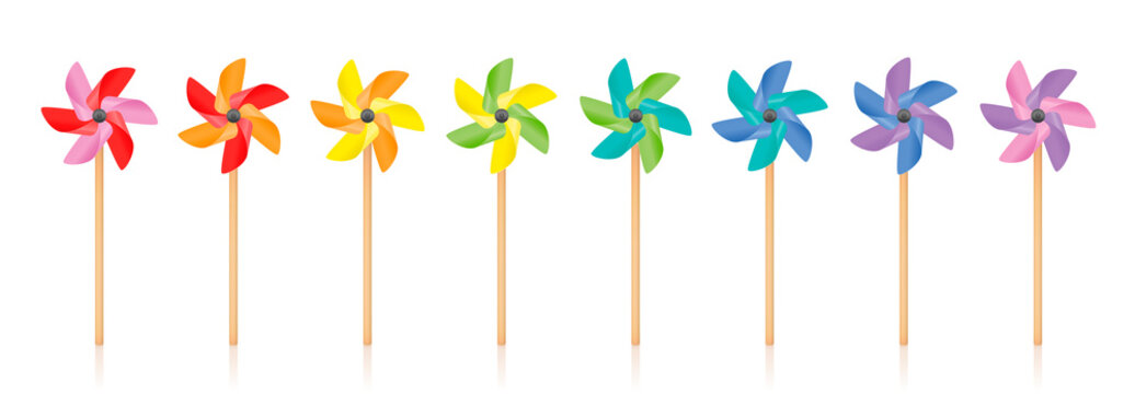 Pinwheels - colored pinwheel set, spinning toy with wooden stick. Isolated vector illustration on white background.

