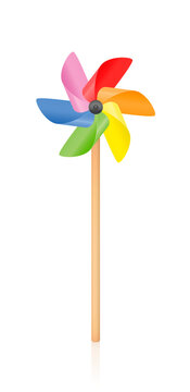 Colorful pinwheel, spinning toy with wooden stick. Isolated vector illustration on white background.
