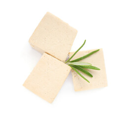 Delicious tofu and rosemary on white background, top view