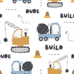 Cute children's seamless pattern with trucks and diggers in Scandinavian style on a white background. Building equipment. Funny construction transport Digital paper
