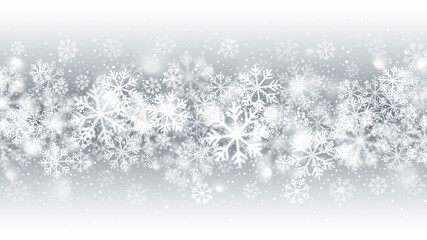 Merry Christmas And Happy New Year Snowfall Blurred Motion Effect With Realistic White Snowflakes On Light Silver Background
