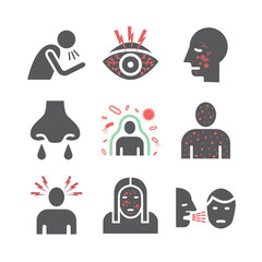 Measles. Symptoms, Treatment icons set. Vector signs.