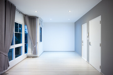 Empty room or bedroom in perspective. Interior inside house building with wooden floor or laminate,...