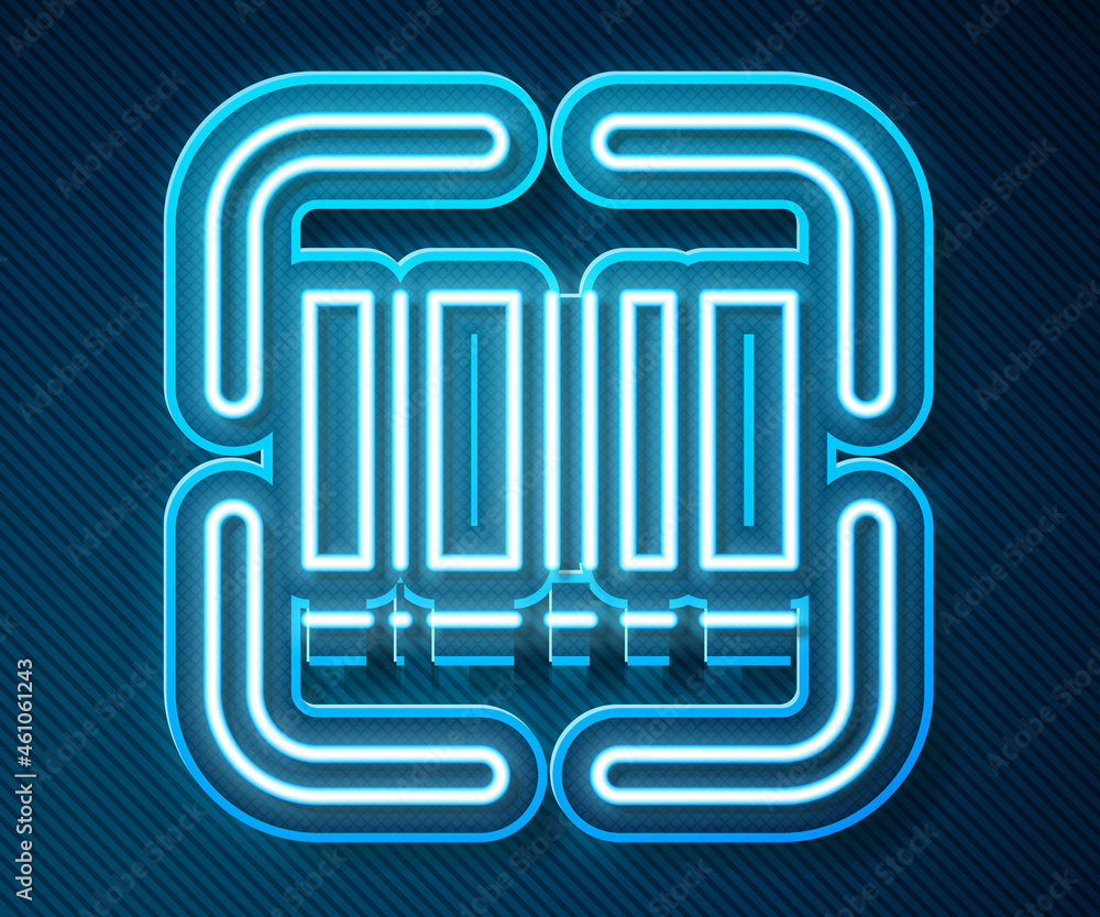Poster glowing neon line scanner scanning bar code icon isolated on blue background. barcode label sticker.
