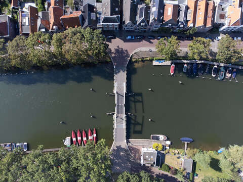 City Weesp in the Netherlands along river Vecht, Aerial topdown