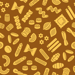 Pasta seamless background. Vector pattern with italian noodle, fusilli, macaroni, ravioli, spaghetti. Food illustration.