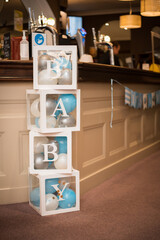 Gifts and decorations for baby boy shower party indoors