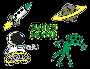 Set of Alien Hunter cartoon characters, Astronaut shooting with tank, shocking Alien, Asteroid with rings, flying rocket at space, and "Alien Hunter" typography with melting text effect