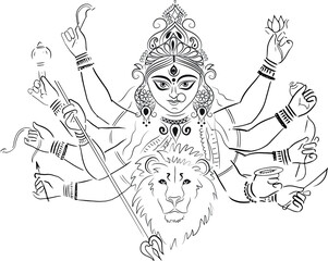 illustration of goddess Durga with lion and sword - obrazy, fototapety, plakaty