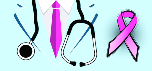 Think pink ribbon awareness symbol. October breast cancer month, icon ribbons. Support and healthcare and medicine concept. Women's living with breast tumor. Prevention of self examination.