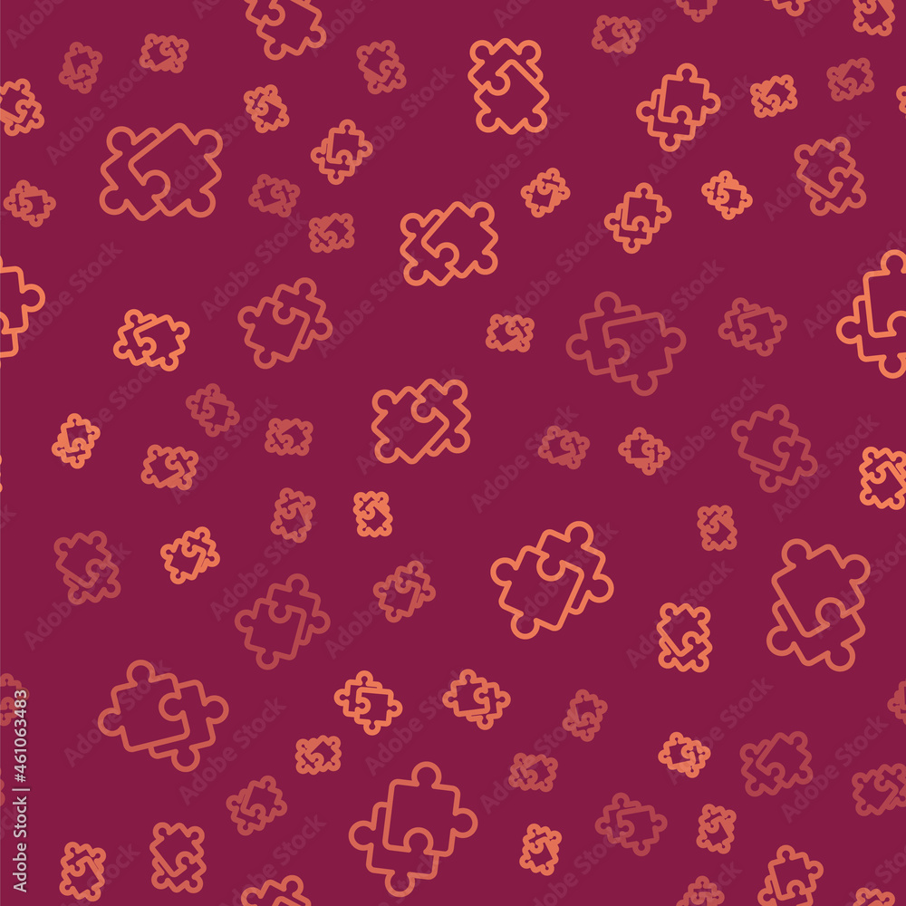 Poster brown line puzzle pieces toy icon isolated seamless pattern on red background. vector