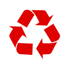 Red recycling sign on a white background. The universal recycling symbol.