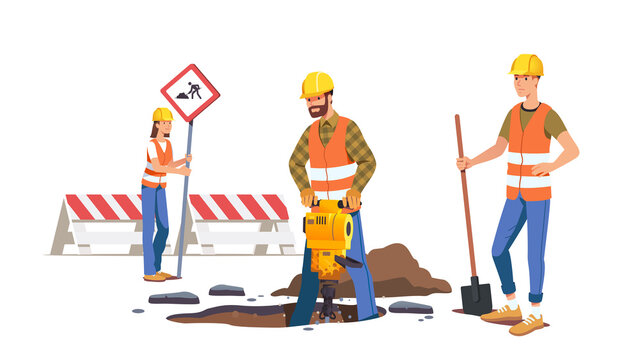Builders, construction workers repairing road