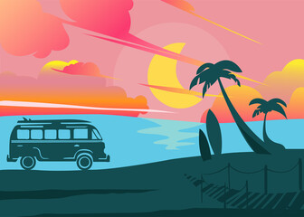 Surfing van. Sunset - obrazy, fototapety, plakaty