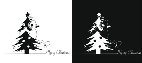 The Bad Cat on the Christmas tree is stealing the star. Black and White Version - obrazy, fototapety, plakaty