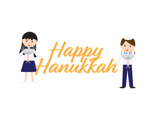 Happy Hanukkah greeting and Jewish kids holding Hanukkah menorah on White background
