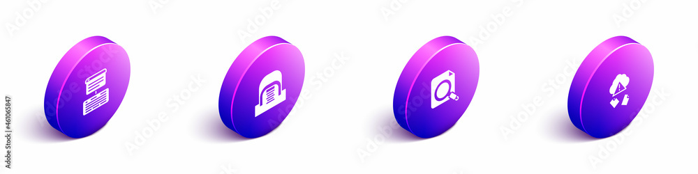Poster set isometric server, data, web hosting, hangar with servers, search concept folder and cloud hackin