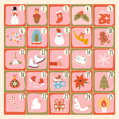 Naklejka na ściany i meble Christmas advent calendar with various hand drawn cute elements . Vector illustration for card, poster.