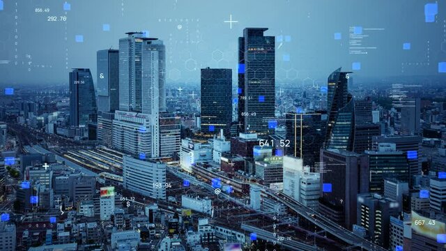 Modern city aerial view and communication network concept. Smart city. 5G. IoT.