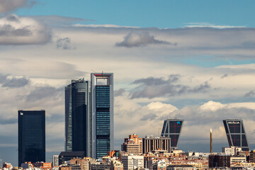 Madrid, Spain- October 5, 2021: Panoramic view of the Cuatro Torres and the Kio towers of Madrid. Skile from Madrid. Financial zone