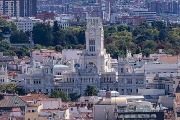 Fototapeta na wymiar Madrid, Spain- October 5, 2021: Aerial view of the Post Office building in Madrid. Post office palace in the Plaza de Cibeles in Madrid
