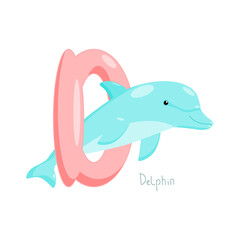 Letter D. Children's alphabet, cute dolphin. Vector illustration for learning English.